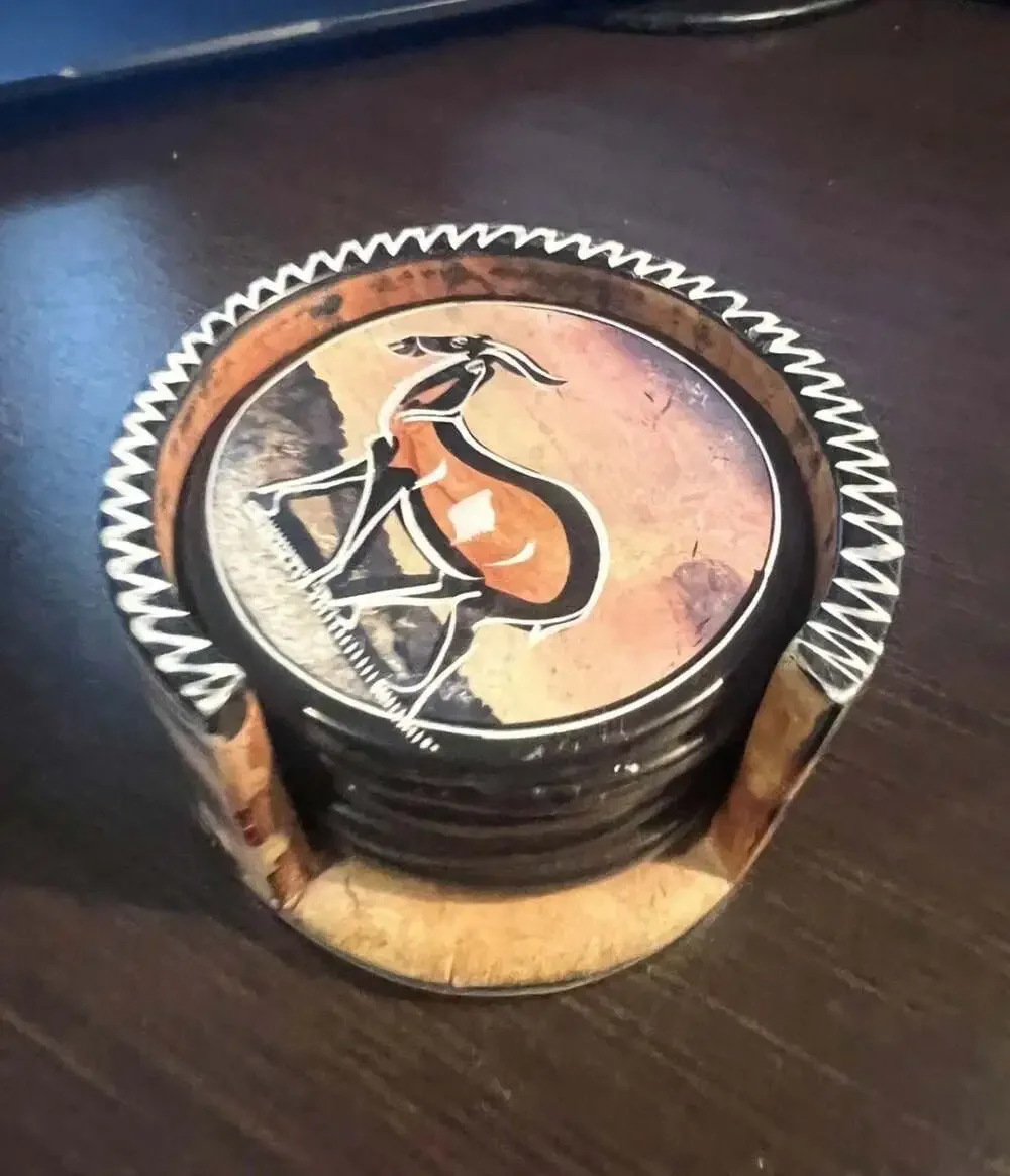Hand-Carved Kenyan African Soapstone Coaster Set with Holder, Safari Animal Scen